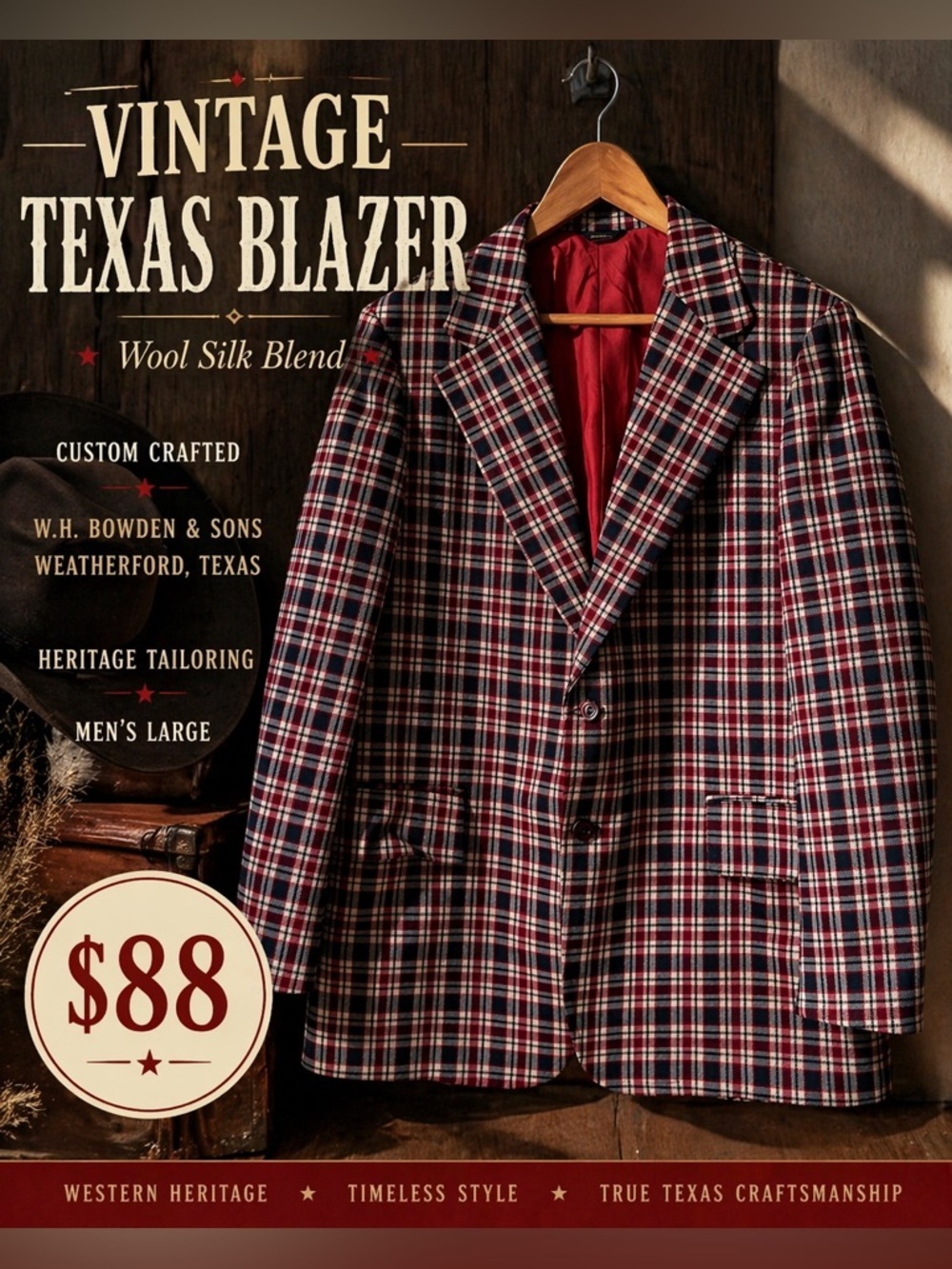 Custom Crafted W.H. Bowden Texas Vintage Plaid Blazer Wool Silk Men’s L